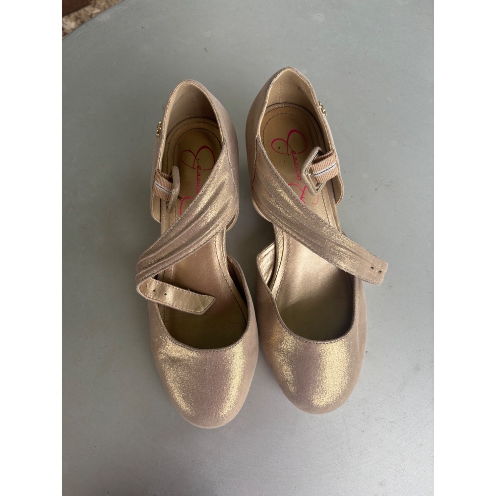 Jessica Simpson Girls Gold Metallic Mary Jane Dress Shoes Heels Buckle Strap